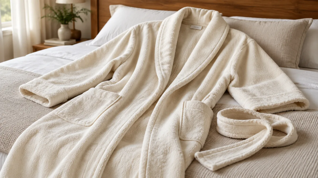 Accappatoio in cotone pettinato aperto sul letto, con la cintura arrotolata accanto