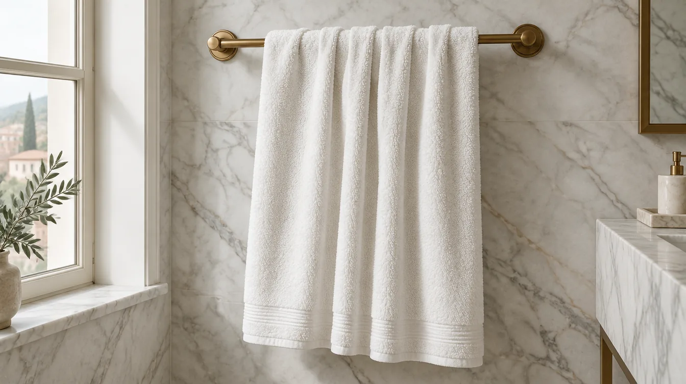 Telo bagno in cotone pettinato appeso al portasalviette in ottone
