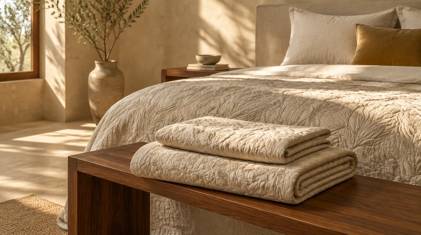 Set di cotone matelassé piegato su una panca in noce ai piedi del letto