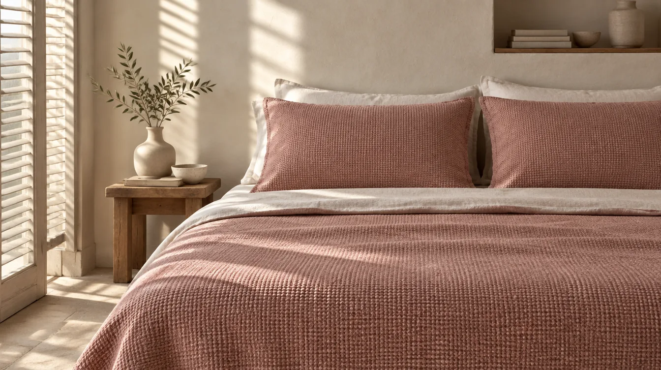 Due federe in tessuto pesante da copriletto affiancate sul letto rifatto