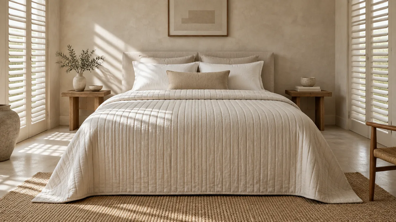 Letto rifatto con cotone trapuntato a canali, visto dai piedi in composizione simmetrica