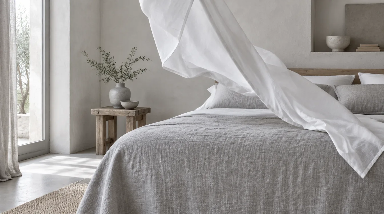 Lenzuolo in copriletto estivo leggero che scende sul letto, colto a mezz'aria