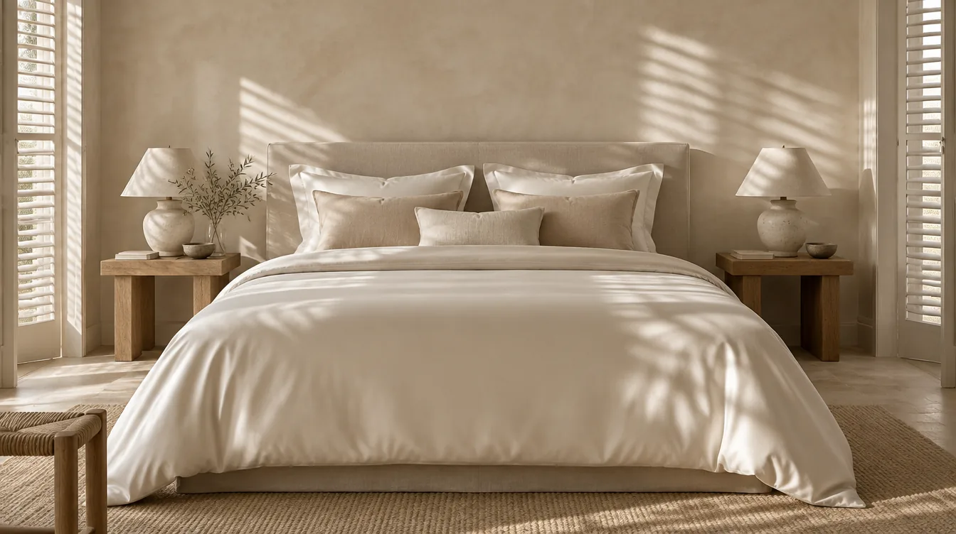 Letto rifatto con raso di cotone, visto dai piedi in composizione simmetrica