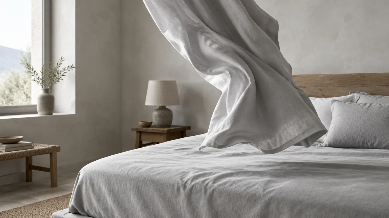 Lenzuolo in flanella di cotone che scende sul letto, colto a mezz'aria