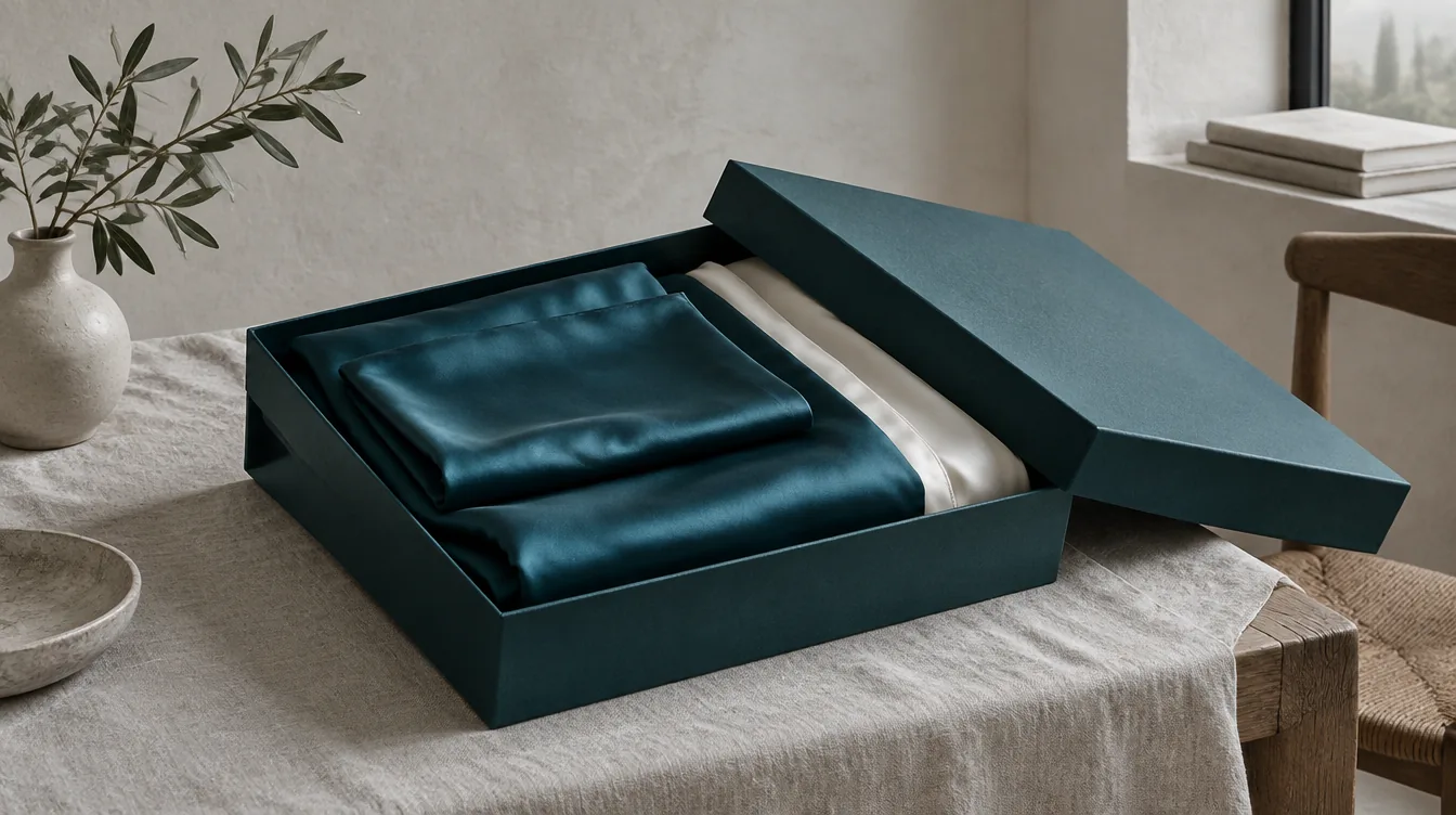 Set di seta di gelso piegato in una confezione regalo aperta