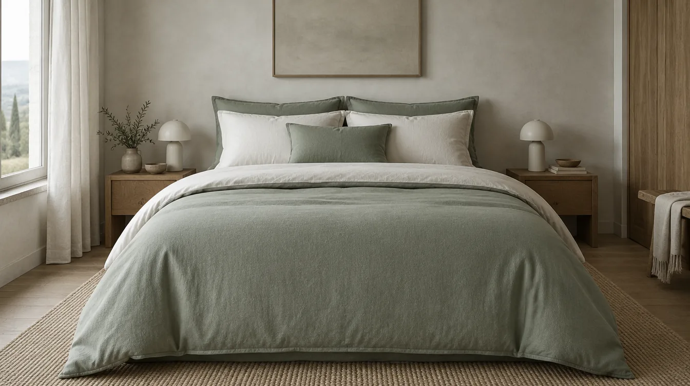 Letto rifatto con flanella di cotone, visto dai piedi in composizione simmetrica