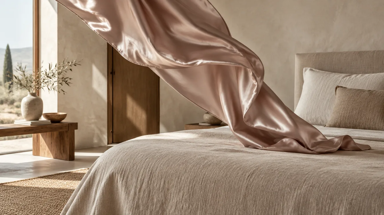 Lenzuolo in seta di gelso che scende sul letto, colto a mezz'aria