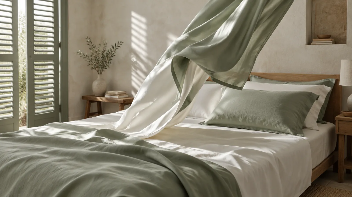 Lenzuolo in raso di cotone che scende sul letto, colto a mezz'aria