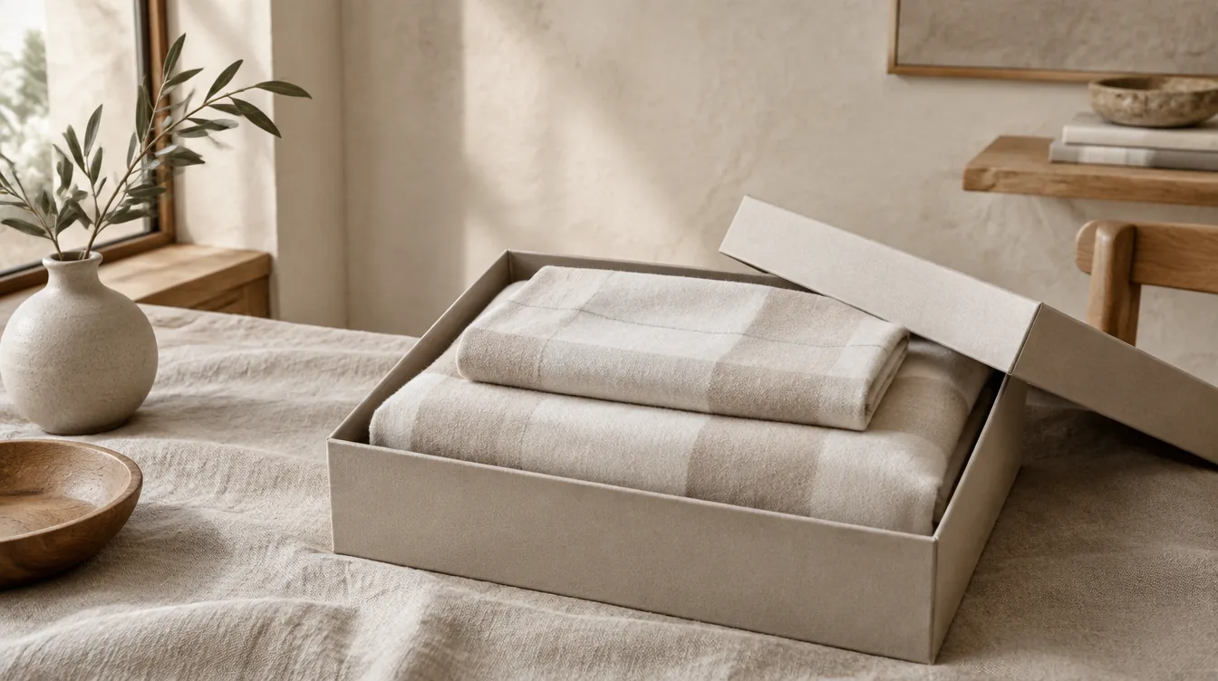 Set di flanella di cotone piegato in una confezione regalo aperta