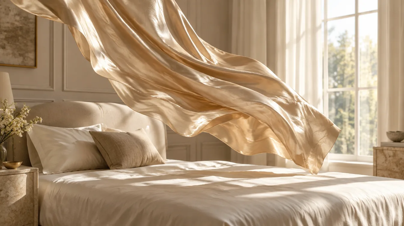 Lenzuolo in pura seta che scende sul letto, colto in movimento nella luce del mattino