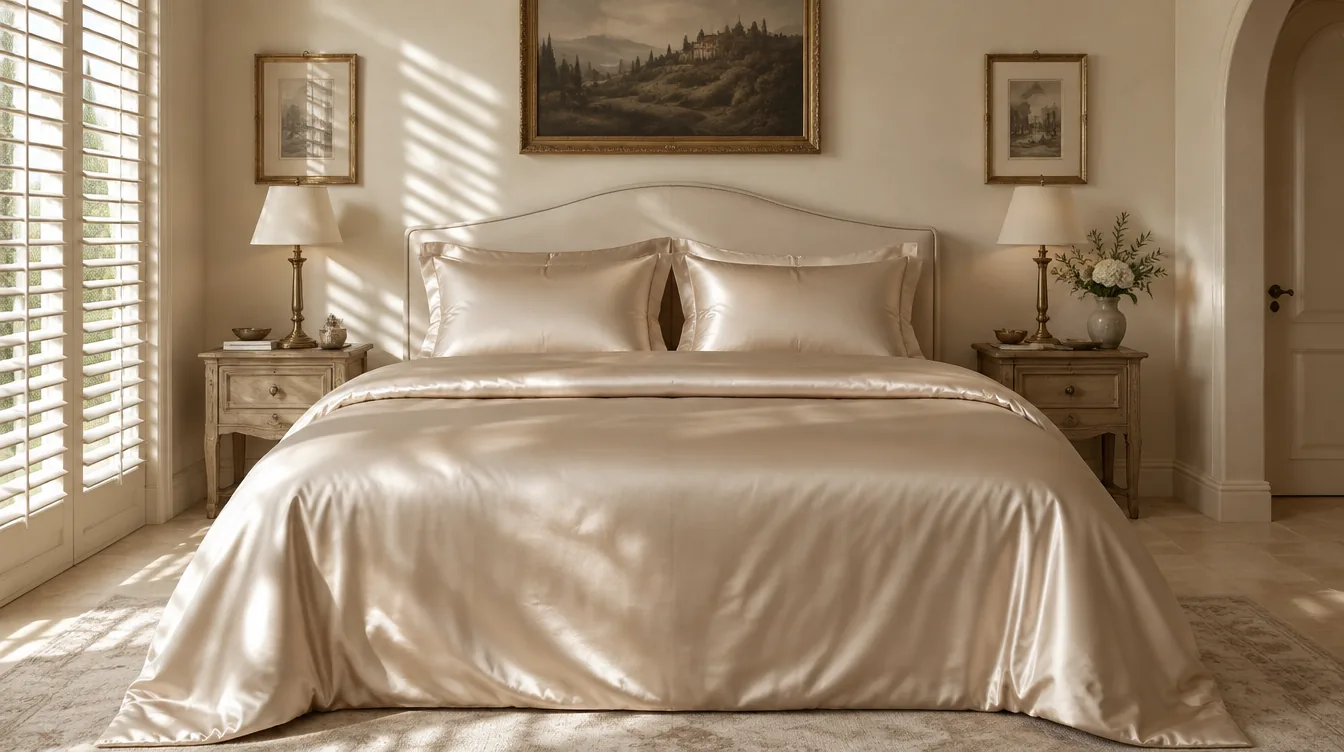 Letto completo in seta champagne visto dai piedi, con luce da una persiana