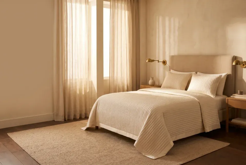 Camera in stile suite vestita con il copriletto Notturno