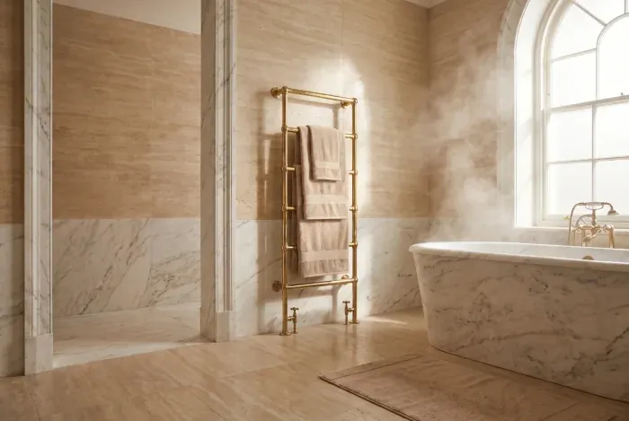 Bagno d'albergo vestito con gli asciugamani Notturno